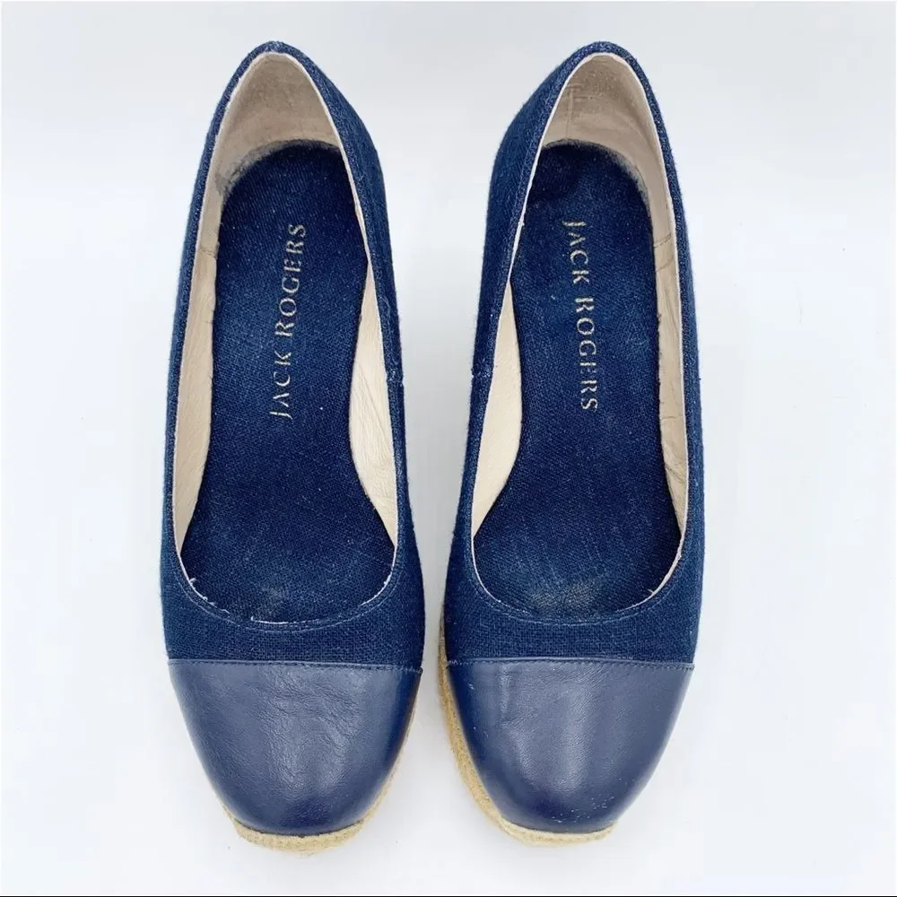Jack Rogers Palmer Blue Closed Cap‎ Toe Fabric/Leather Wedge Espadrilles Sz 5